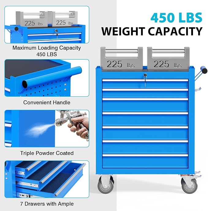 7 Drawers Metal Rolling Tool Chest, Portable Storage Tool Box - Image 5