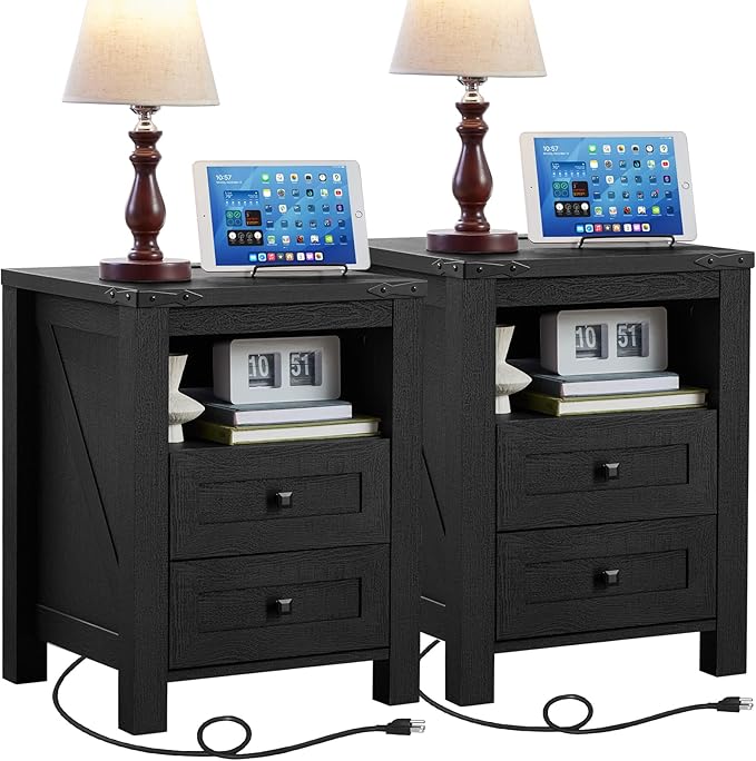 Joaxswe Night Stands with Charging Station Set of 2, Farmhouse Nightstand by Joaxswe