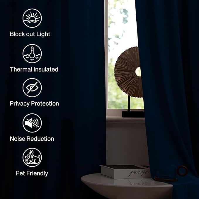 StangH Rod Pocket Velvet Curtains 90 inches Long Navy Blue Blackout Thermal - Image 6