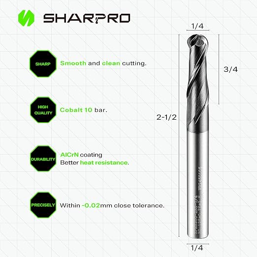 Carbide Ball Nose End Mills 2 Flute 1/4 Inch SHK. and Cutting Dia. 3D Carving - Image 2