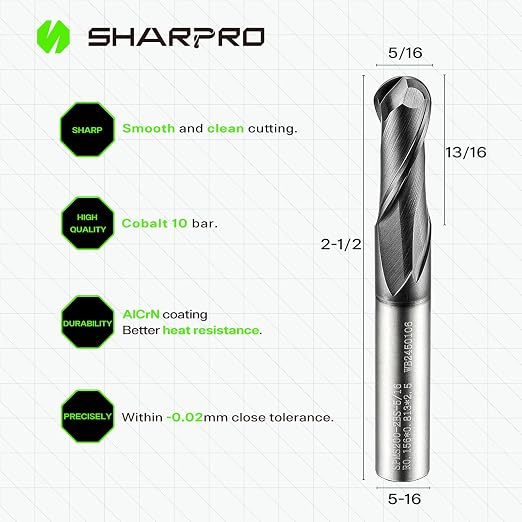 Carbide Ball Nose End Mills 2 Flute 5/16 Inch SHK. and Cutting Dia. 3D Carving - Image 2