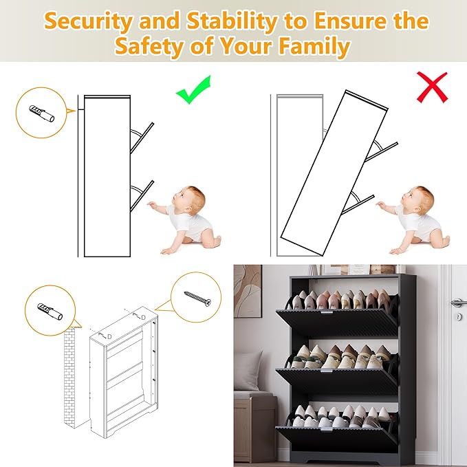 Entryway Shoe Cabinet with 3 Flip Drawers, Narrow Shoe Organizer Cabinet with - Image 7