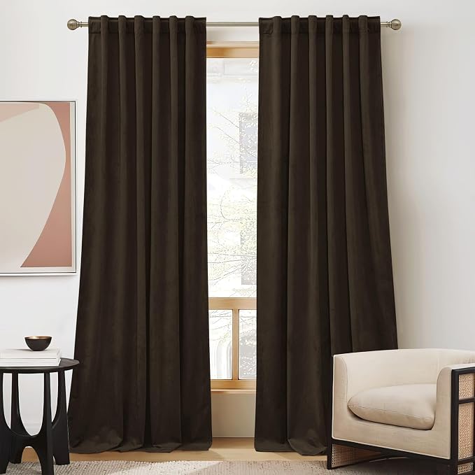 RYB HOME Brown Velvet Curtains 96 inches, Back Tab Soft Fabric Room Darkening by RYBHOME
