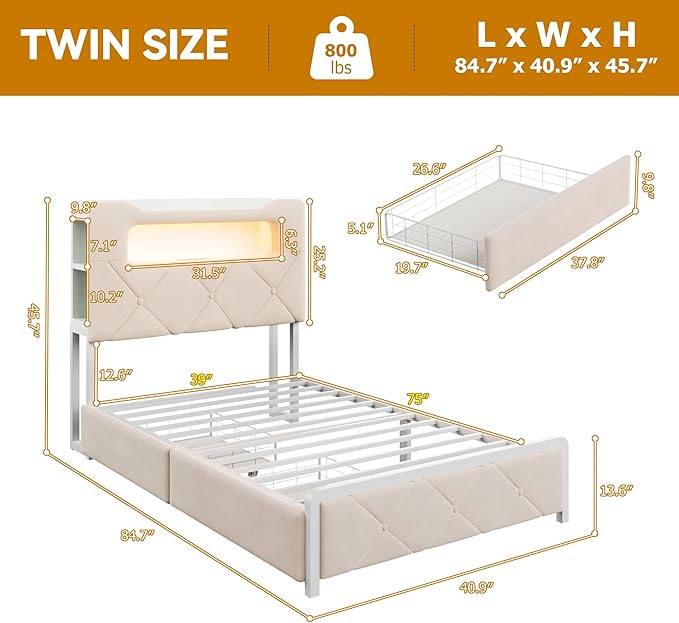 Twin Upholstered LED Bed Frame - Image 2