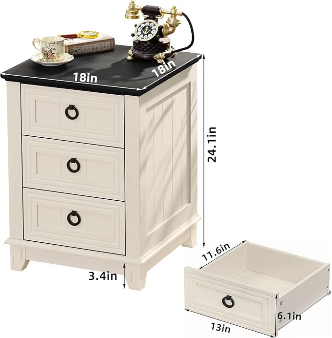 18" Farmhouse Night Stand with 3 Drawers, Wood End Table Dresser - Image 2