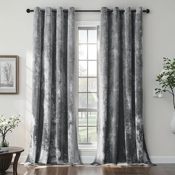 SMILETIME Grey Crushed Velvet Curtains 52x84 inch Luxurious Thermal Insulated by SMILETIME