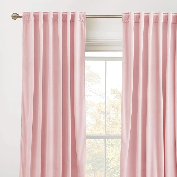 RYB HOME Baby Pink Velvet Curtains 90 inches, Back Tab Soft Fabric Room - Image 2
