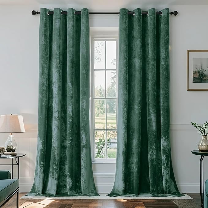 SMILETIME Forest Green Crushed Velvet Curtains 52x108 inch Luxurious Thermal by SMILETIME