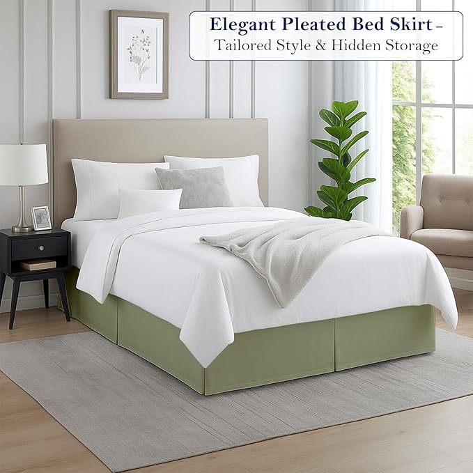 Twin Bed Skirt, Luxury 12 Inch Drop Sage Pleated Bed Skirt, Double Brushed - Image 2