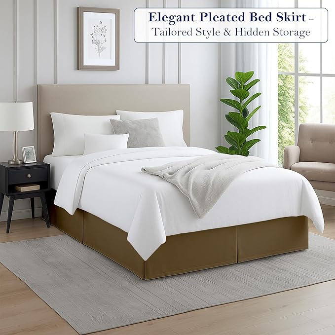 King Bed Skirt, Luxury 16 Inch Drop Taupe Pleated Bed Skirt, Double Brushed - Image 2