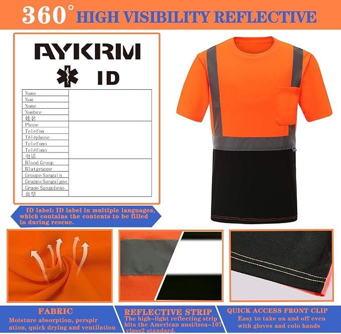 AYKRM Safety T Shirt Reflective High Visibility hi vis Long Sleeve T Shirt - Image 3