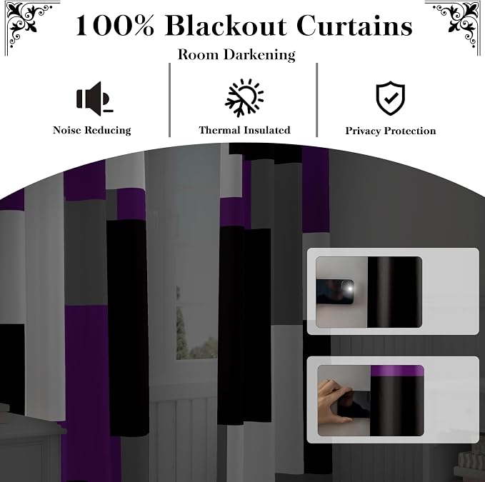 Purple 100% Blackout Curtains for Bedroom 84 inch Length 2 Panels Set Grey - Image 3