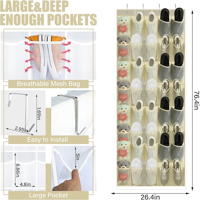 Windyun 40 Over the Door Shoe Organizer Large Breathable Mesh Pockets Hanging - Image 2