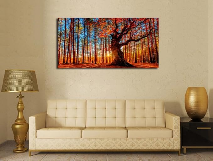 Yearainn Large Canvas Wall Art Forest Sunset Canvas Pictures Red Leaf Trees - Image 3