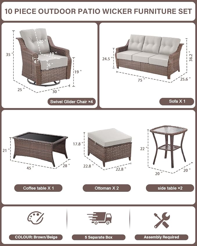10 Piece High Back Outdoor Patio Furniture Set - Image 2