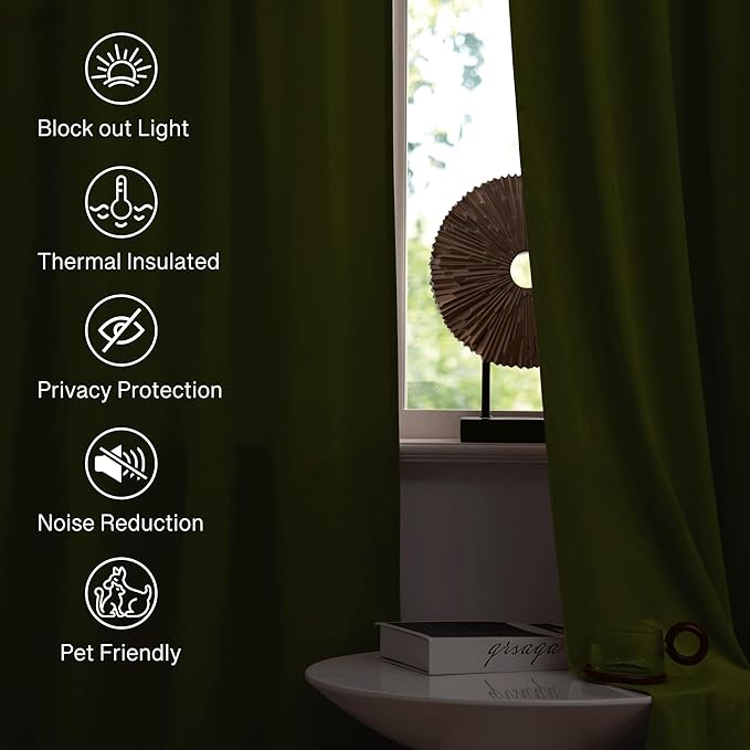 StangH Olive Green Velvet Curtains Light Blocking Bedroom Window Drapes Privacy - Image 6