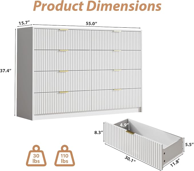 White Dresser for Bedroom, 8 Drawer Double Dresser, Modern Chest of Drawers for - Image 2