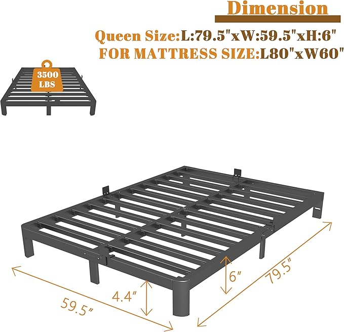 Queen Bed Frame 6 Inch Black, Metal Bed Frame Queen Size - Image 2