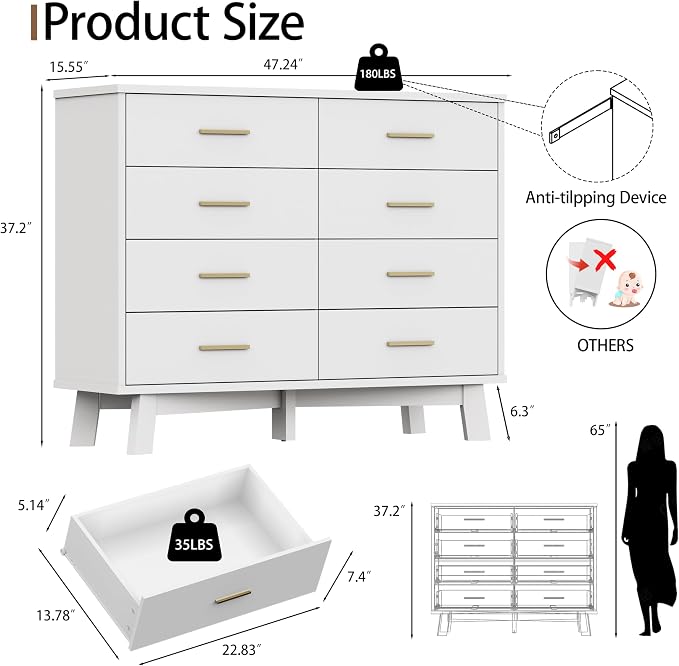 Dresser for Bedroom, 8 Drawer Wide Modern Chest of Drawers - Image 2