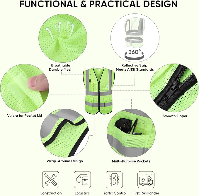 TICONN Reflective Safety Vest High Visibility Class II Mesh Vest - Image 2
