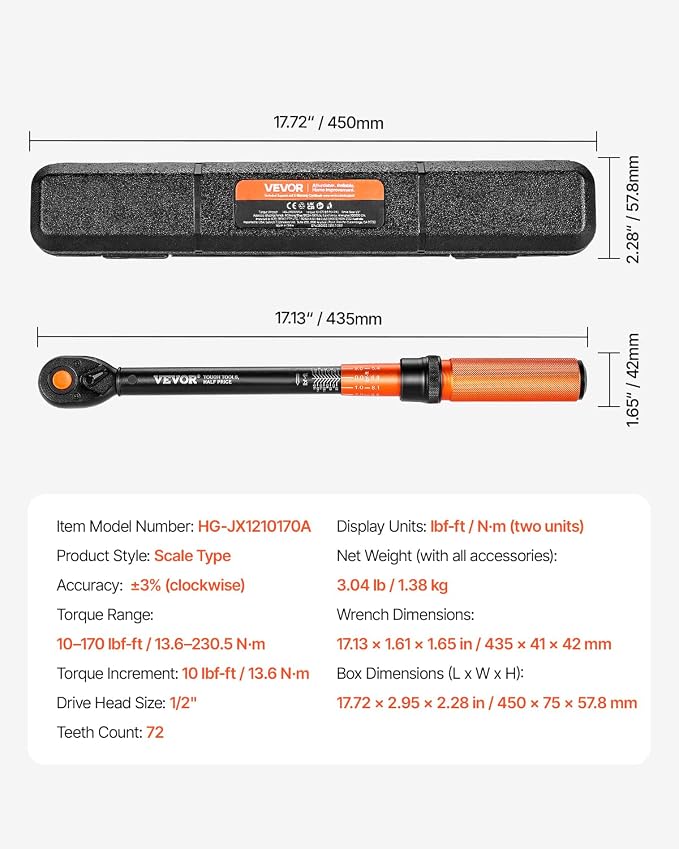 VEVOR 1/2-inch Drive Torque Wrench, 10-170 ft.lb/13.6-230.5 Nm, Dual-Direction - Image 7