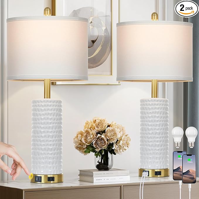 26" White Table Lamps for Living Room Set of 2, Ceramic Bedroom Lamps for by Cinyirong