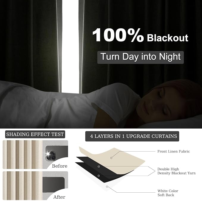 Topfinel Extral Wide Curtains, Cream Pinch Pleated 100% Blackout Linen Luxury - Image 3