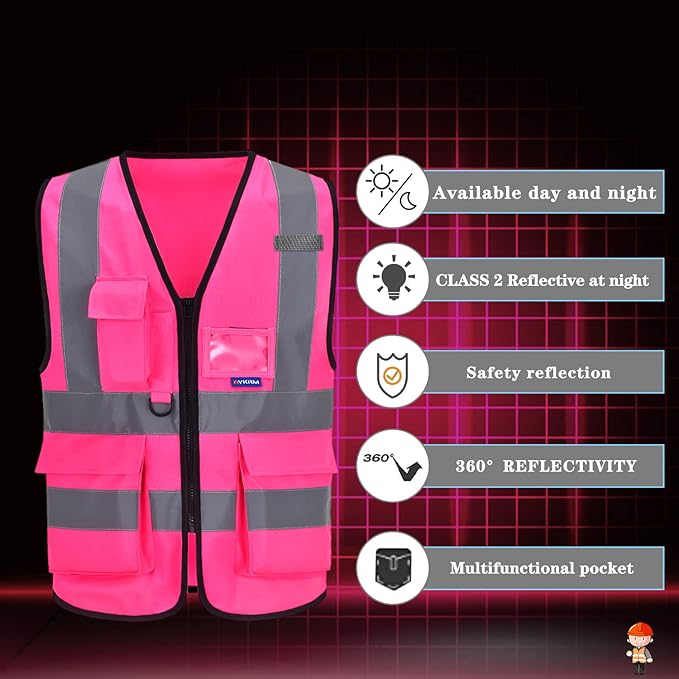 A-SAFETY Pink Safety Vest with Pockets Hi Viz Zipper Front Working Safety Vest - Image 4
