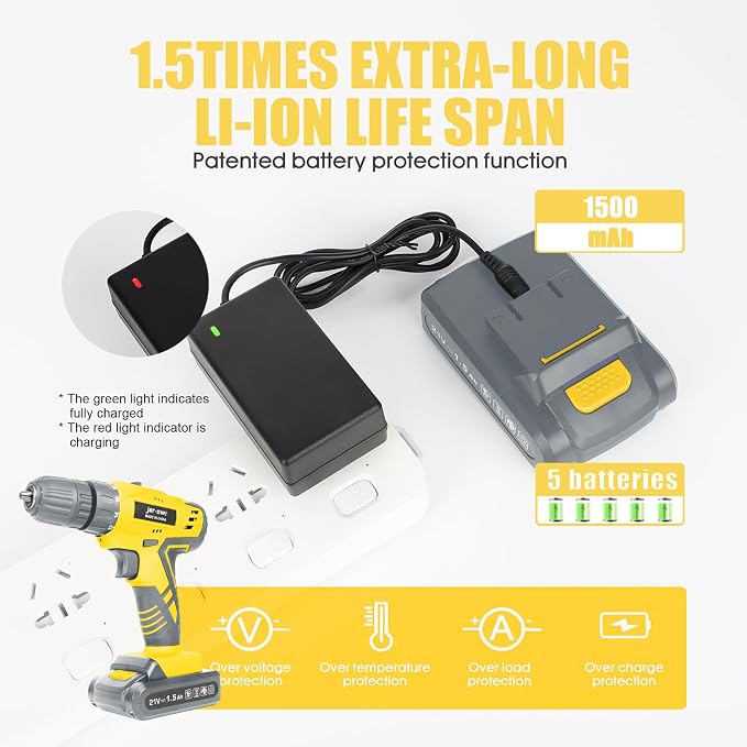 Jar-Owl 21V Cordless Drill Set, 0-1350RMP Variable Speed, 350 in-lb Torque - Image 4