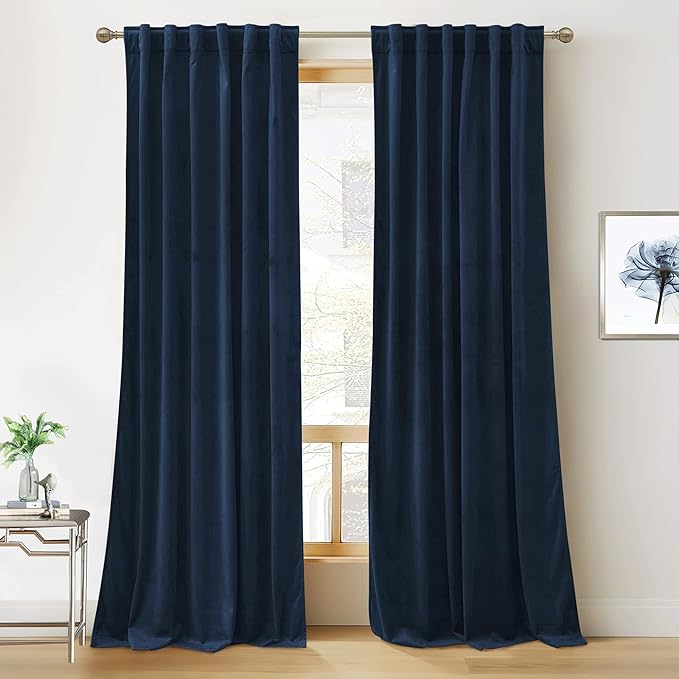 RYB HOME Navy Velvet Curtains 92 inches, Back Tab Soft Fabric Room Darkening by RYBHOME