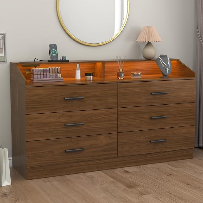 6 Drawer Dresser with Power Outlet, Chest of Drawers with LED Light, Modern - Image 6