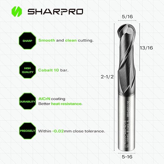 Carbide Ball Nose End Mill 2 Flute 5/16 Inch SHK. and Cutting Dia. 3D Carving - Image 2