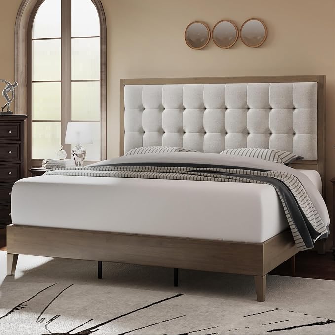 Jocisland Wood Full Size Bed Frame, Tall Upholstered Tufted Headboard, Solid by Jocisland