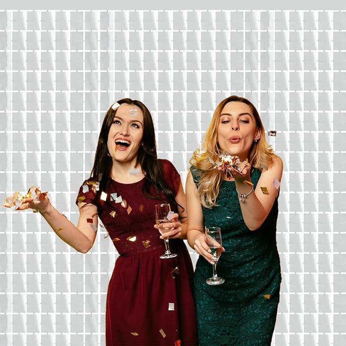 GOER Silver Party Backdrop Metallic Tinsel Foil Fringe Curtains Photo Booth - Image 3