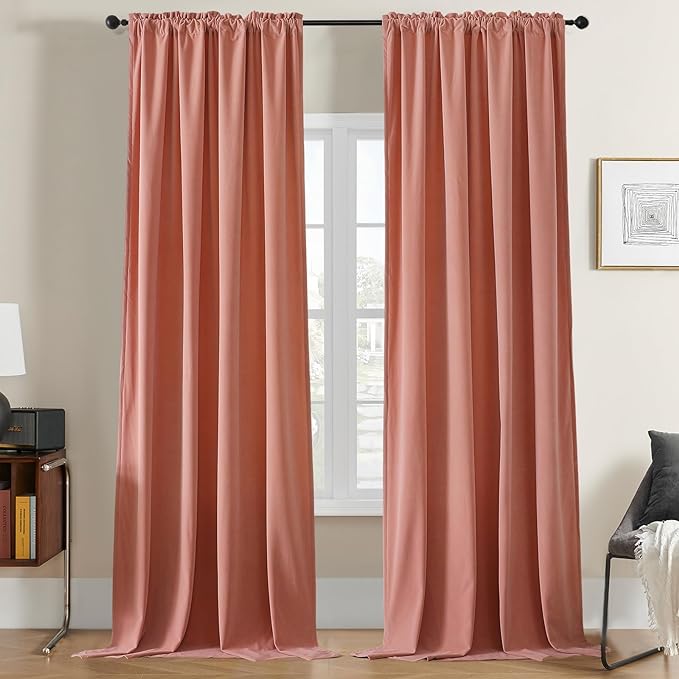 Joydeco Pink Velvet Curtains 90 inch Length 2 Panels, Luxury Blackout Rod by JOYDECO