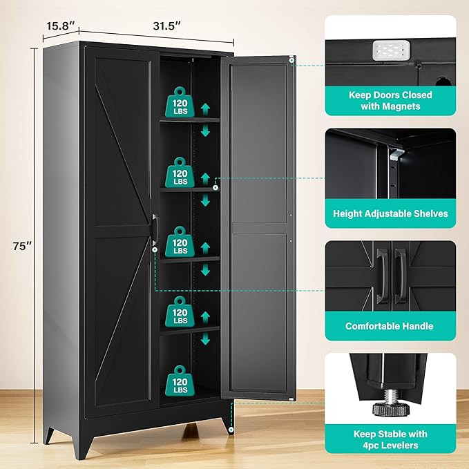 SISESOL 75" Tall Pantry Cabinet, Farmhouse Kitchen Pantry Storage Cabinets - Image 3