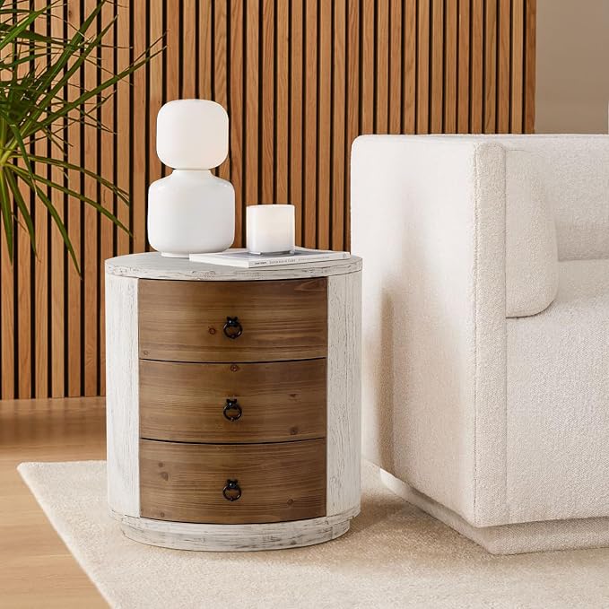 COSIEST Bedside Table Set of 2, Wood Nightstand 3 Drawers, Farmhouse Round End - Image 4
