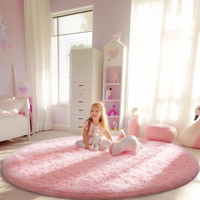 Ophanie Round Rugs 6Ft Pink Circle Area Rug, Fuzzy Bedroom Carpet, Large Shag - Image 5