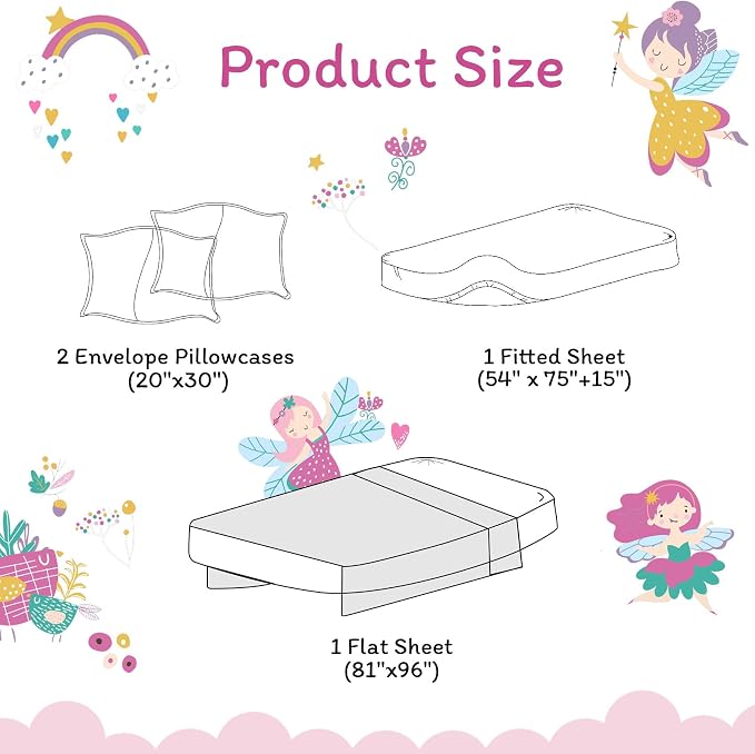 JSD Purple Fairy Kids Sheet Set Full Size, 4 Piece Girls Floral Printed - Image 2
