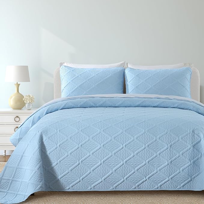 Yiran Ash Blue Quilt Set King Size, 3 Piece Reversible Bedspreads Bedding Set by Yiran