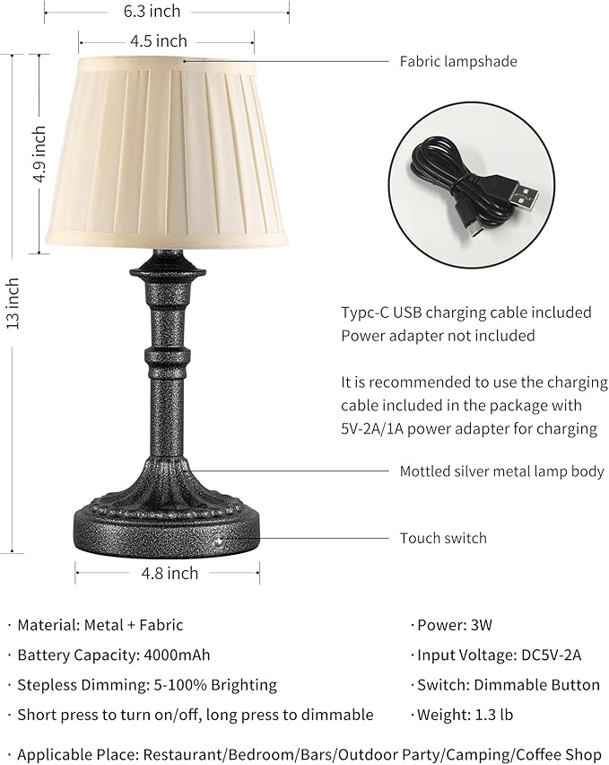 KDG Cordless Portables Table Lamp Set of 2, LED Fabric Shade Small Desk Lamps - Image 5
