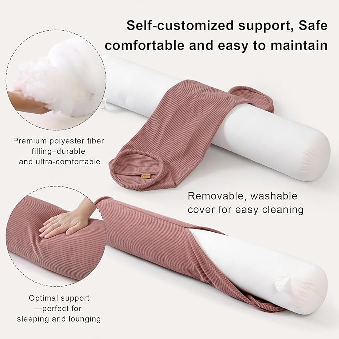 Long Bolster Pillow for Bed – Soft Corduroy Body Pillow for Adults, Ergonomic - Image 3