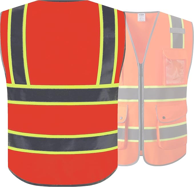 JKSafety 9 Pockets Hi-Vis Neon Orange Color Zipper Front Safety Vest - Image 2