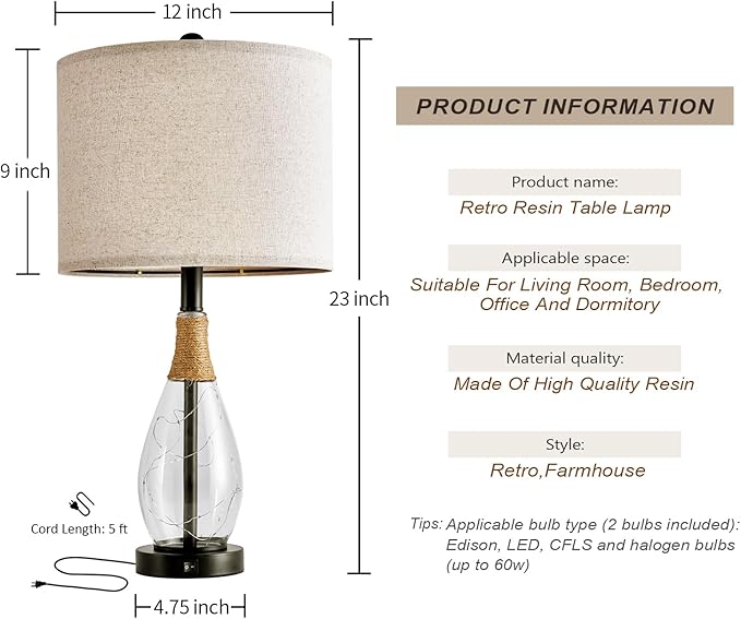 OYEARS 23" Table Lamps for Living Room Set of 2 Bedside Lamps for Night Stands - Image 7