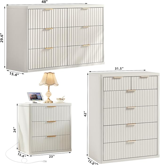 LEYAOYAO Fluted Dressers & Nightstand Set of 4, Wood 48" Wide Dresser & 42" - Image 3