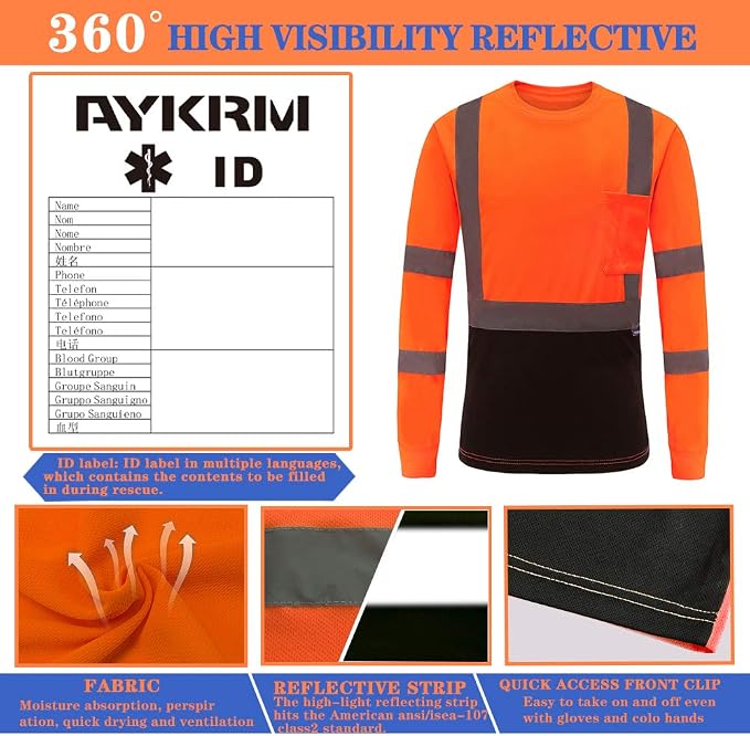 AYKRM Safety T Shirt Reflective High Visibility hi vis Long Sleeve T Shirt - Image 4