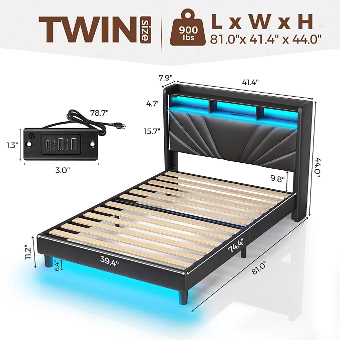 Rolanstar Twin Size Bed Frame, Storage Headboard - Image 2