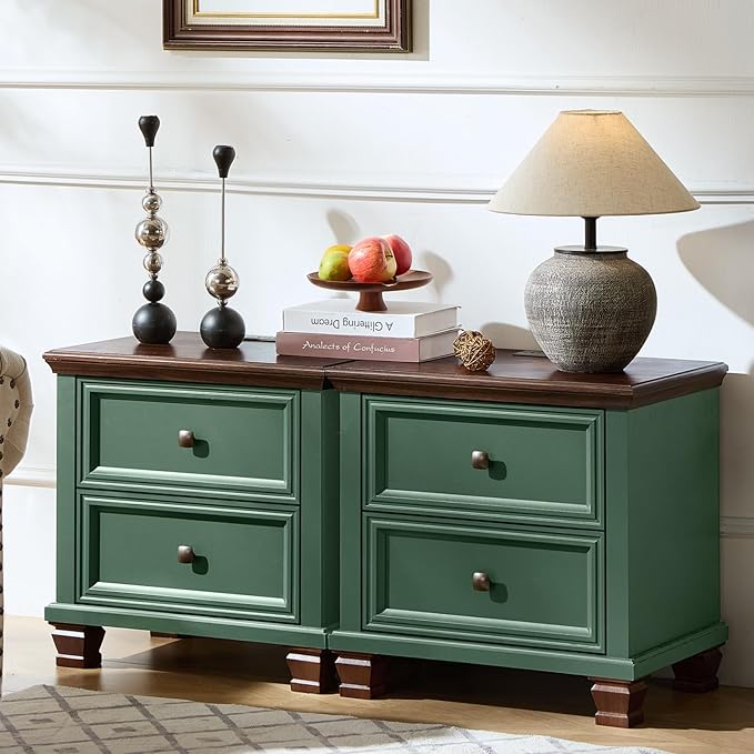 Farmhouse Nightstand Set of 2 for Bedroom, Mid-Century Low Nightstands by SAVORLIFEFurniture