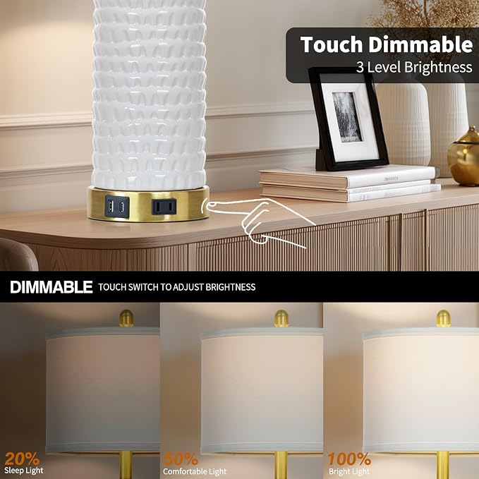 26" White Table Lamps for Living Room Set of 2, Ceramic Bedroom Lamps for - Image 3