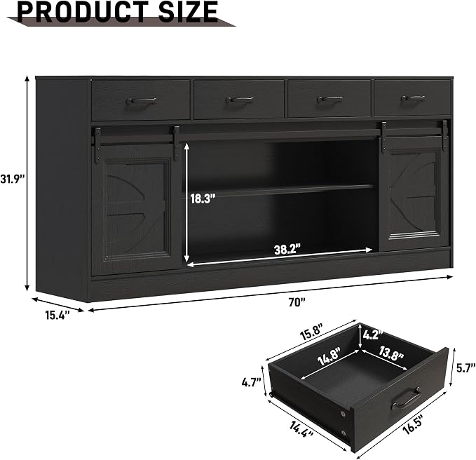 70” Large Long Buffet Sideboard Cabinet w/4 Drawer, Farmhouse Buffet Storage - Image 2